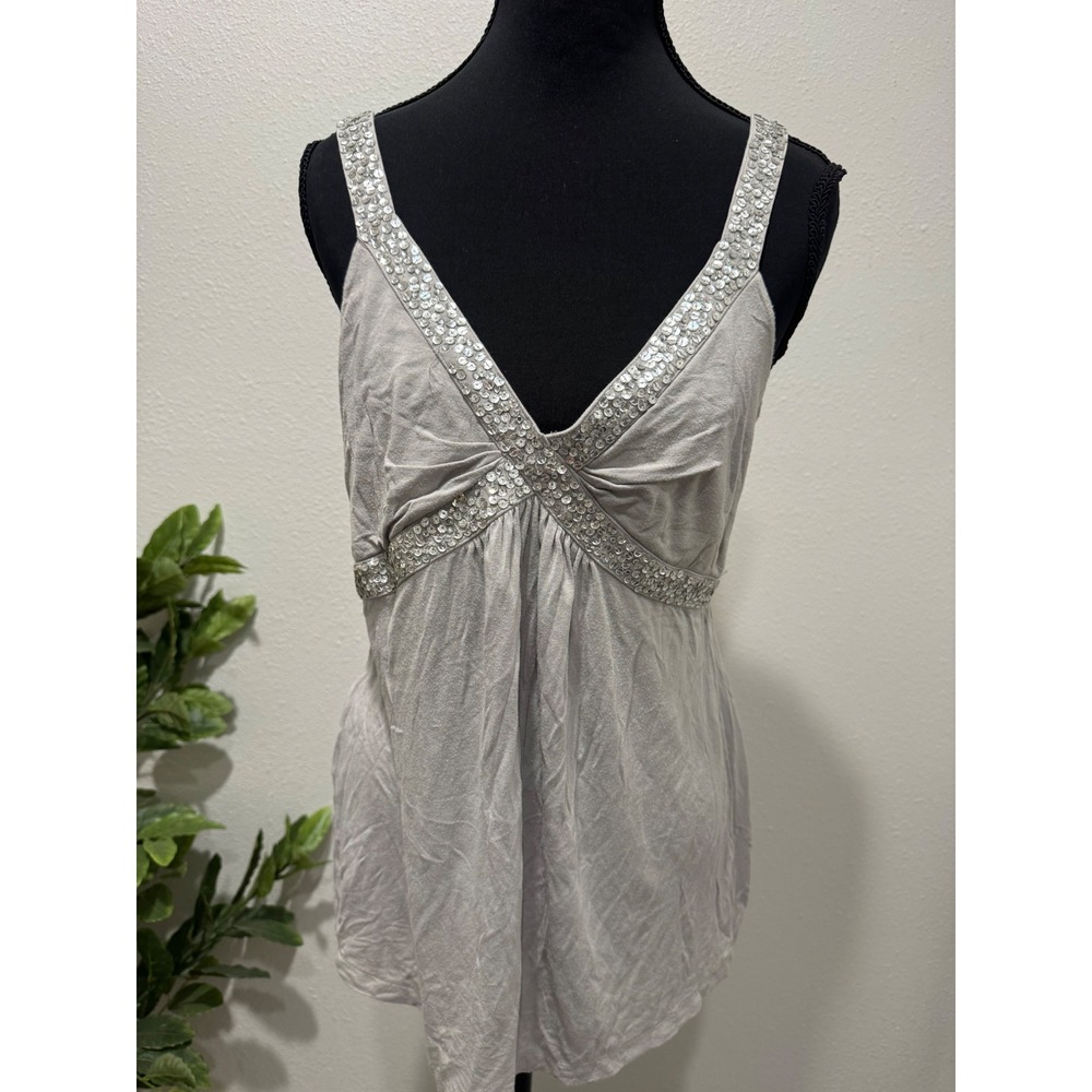 Y2K Express Womens Gray Sequin Trim Empire Waist V-Neck Tank Top Size Large